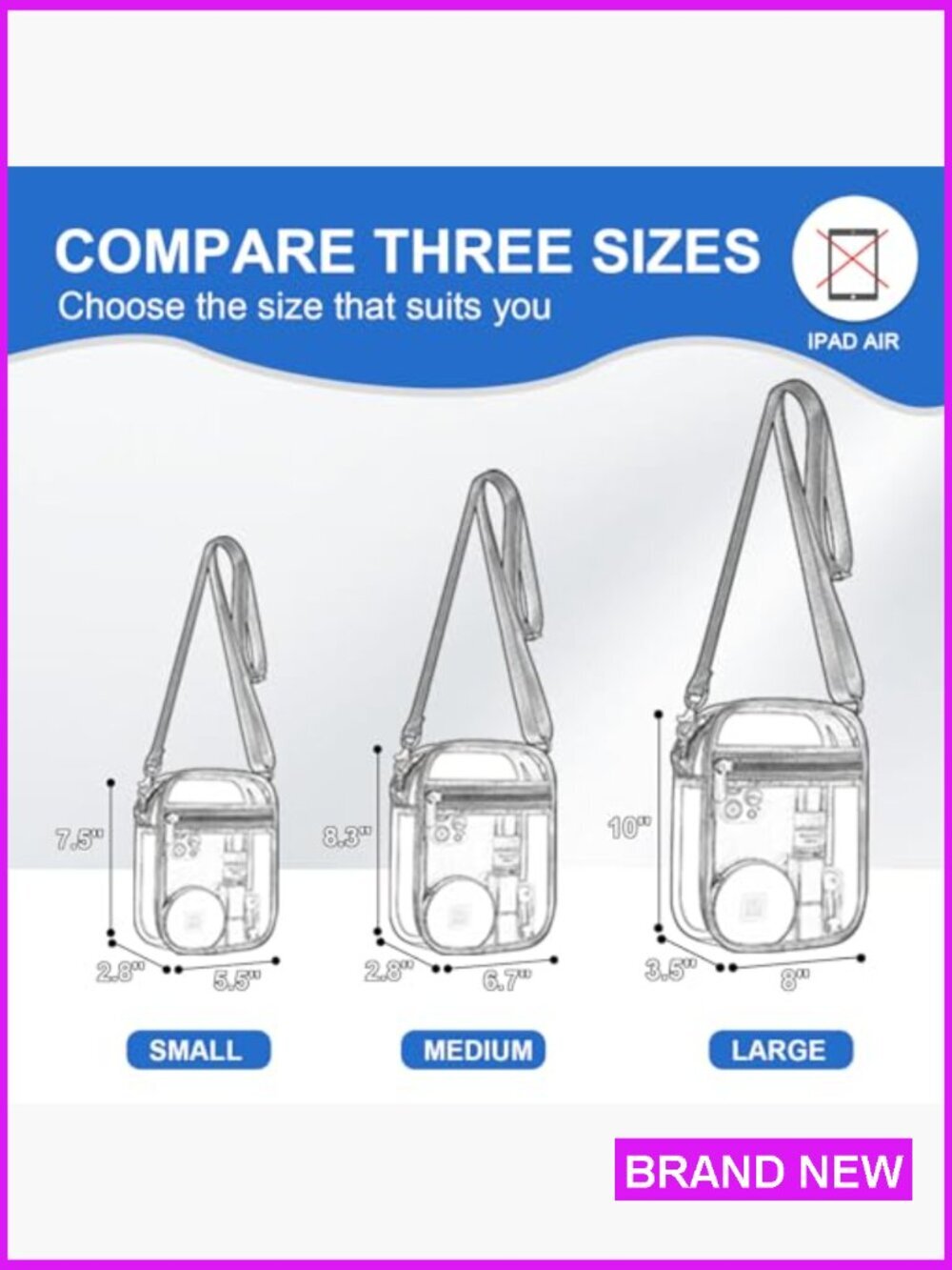 Clear Crossbody Bag Stadium Approved PVC Concerts Festivals Events Zip Closure - Picture 2 of 6